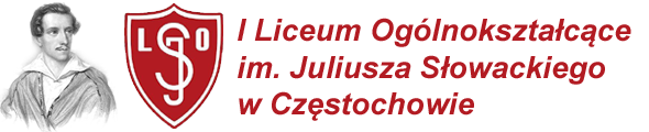 kształt tarczy szkolnej. Białe tło, na nim czerwony napis I liceum ogólnokształcące im. Juliusza Słowackiego. Po lewej portret Słowackiego