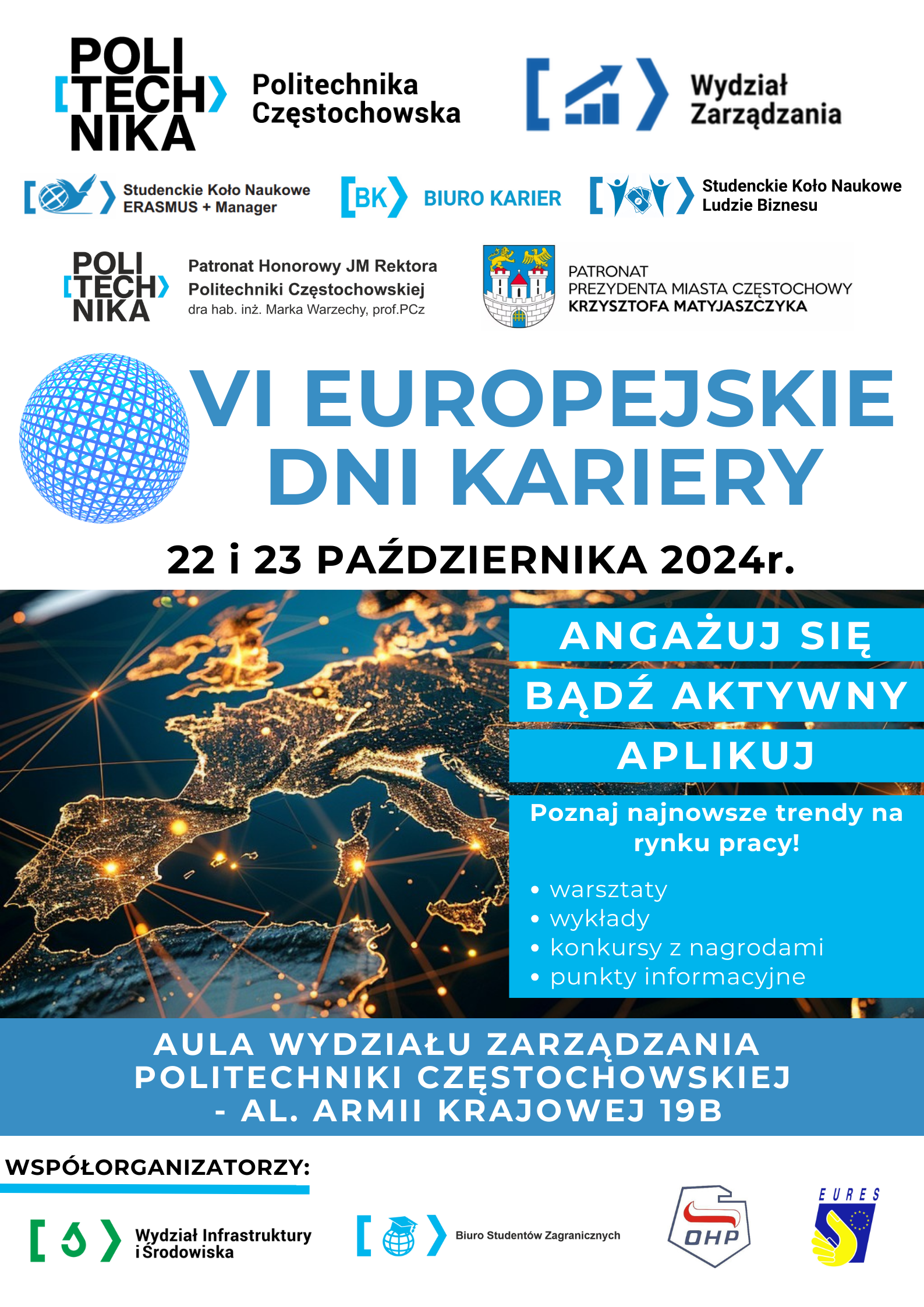 białe tło. Treść zgodna z ogłoszeniem aktulności. Grafiki: koło poprzecinane liniami pionowymi i poziomymi oraz zdjęcie miasta nocą