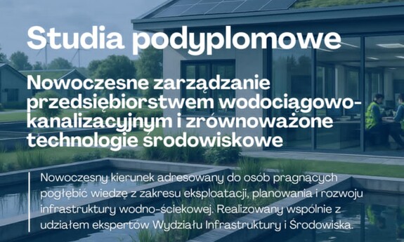 W tle zdjęcie budynku, dominuje kolor niebieski. Na górze logo wydziału  zarządzania. Napisy: studia podyplomowe, nazwka kierunku widniejaca w ogłoszeniu aktualności