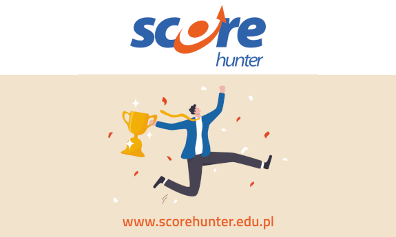 score hunter. grafika biegnącego człowieka z medalem na jasnym tle. www.scorehunter.edu.pl