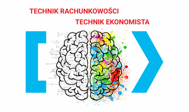 symboliczna grafika mózgu człowieka, z widocznymi po lewej stronie półkóli wzorami matematycznymi, a po prawej kolrowymi punktami aktywności mózgu oraz napisami techhnik rachunkowości i technik ekonomista