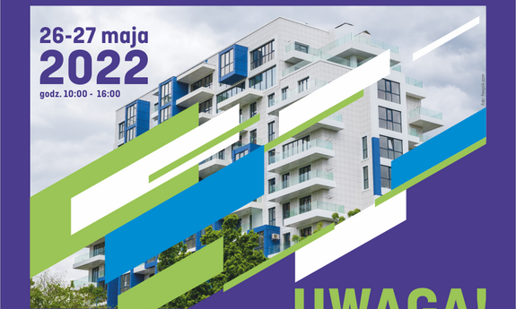 26 - 27 maja 2022. Grafika przedstawiająca blok mieszkalny. Kolory niebieski i zielony