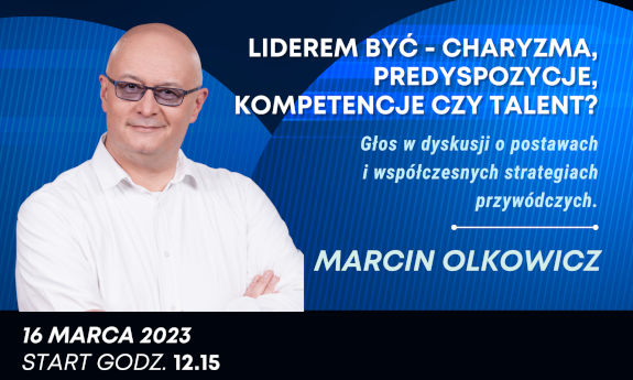 Ciemne tło. Po lewej zdjęcie Marcina Olkowicza. Po prawej temat wykładu jak w ogłoszeniu aktualności. 16 marca 2023, godzina 12:15