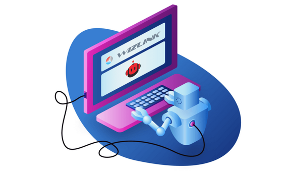Niebieski rysunkowy robot siedzi przy różowym komputerze. Na ekranie komputera napis wizlink. Robot jest połączony z komputerem kablem