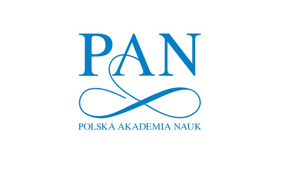 białe tło, na nim niebieski napis PAN i znak nieskończoności. Napis Polska Akademia Nauk